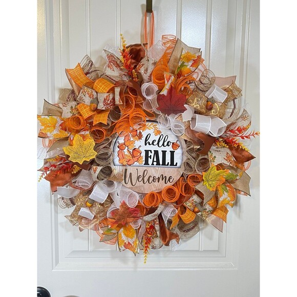 Handmade Hello Fall Welcome Door Wreath Acorn Leaf 22 in LED Thanksgiving W12 - Picture 9 of 10